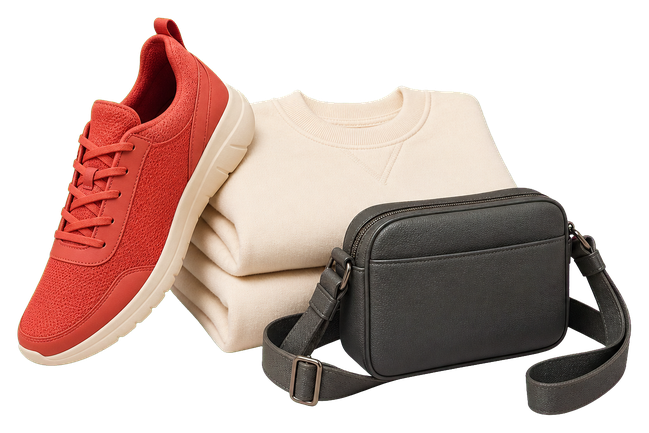 Sneaker, folded sweatshirt and crossbody bag